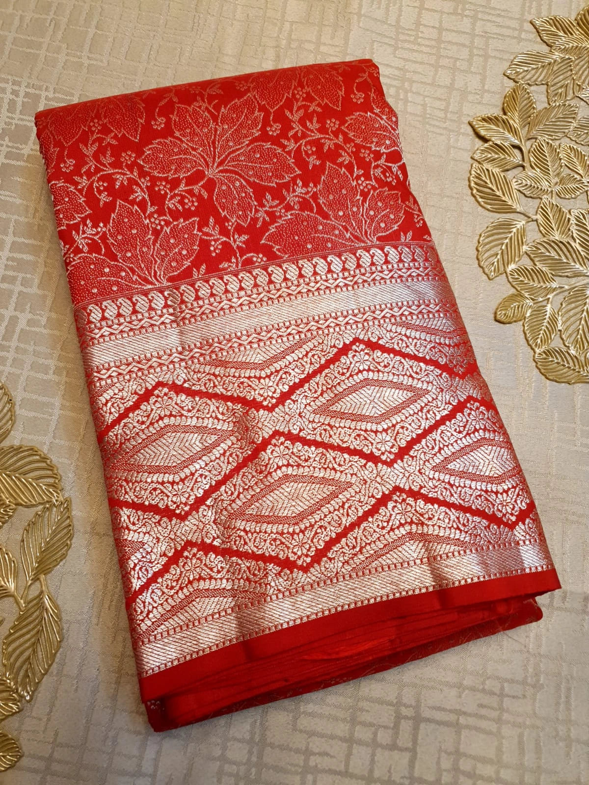 2G Pure Kanjivaram Silk Saree in Bright Red with All-Over Floral Zari Weave & Rich Silver Zari Border | Silkmark Certified