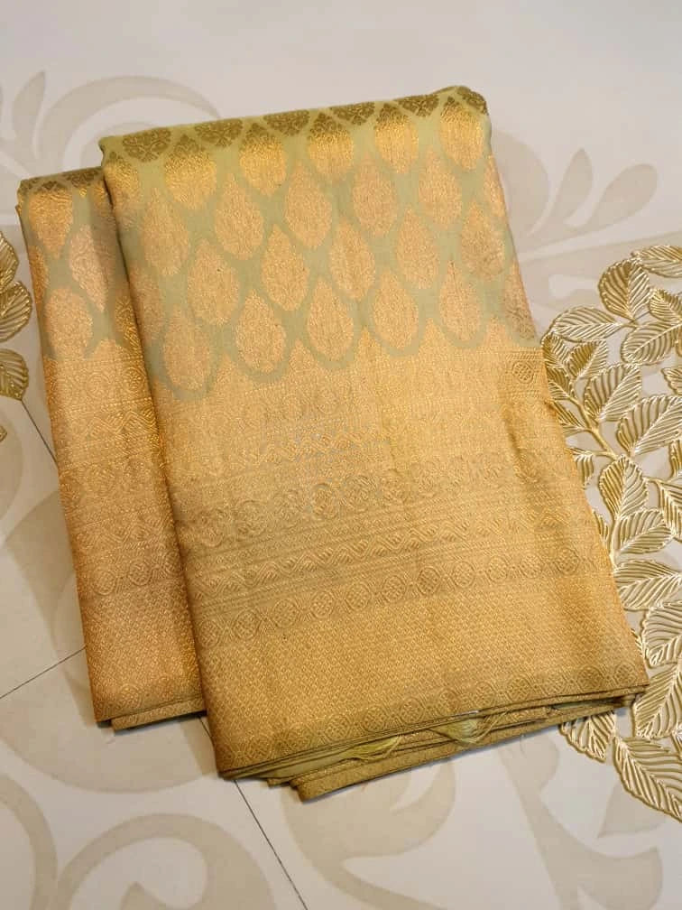 2G Pure Kanjivaram Silk Saree in Golden Beige with All-Over Gold Zari Floral Buttas & Rich Zari Border | Silkmark Certified