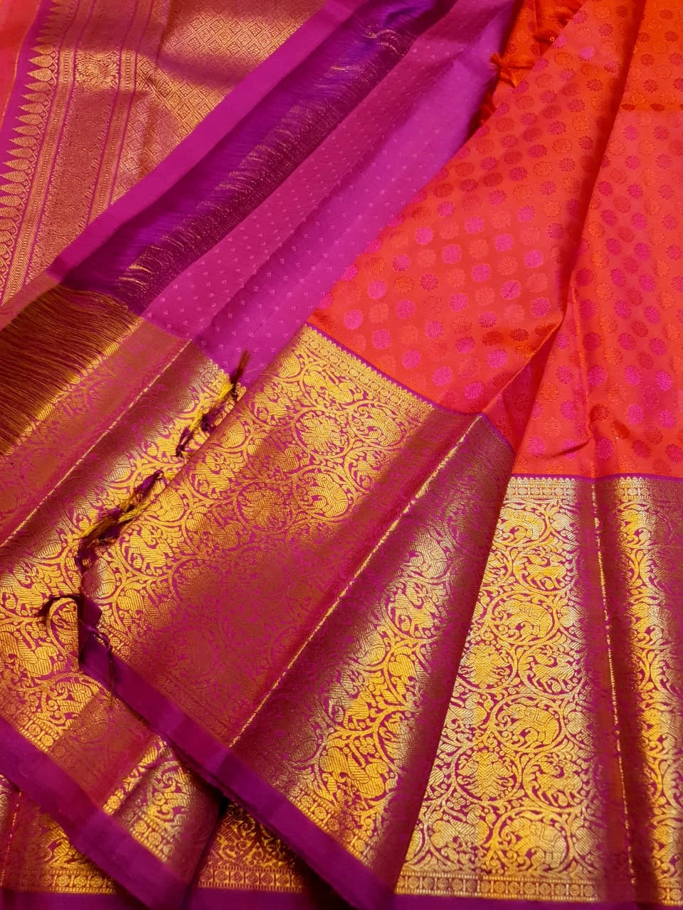 2G Pure Kanjivaram Silk Saree in Bright Coral Pink with Multicolour Floral Buttas & Rich Gold Zari Border | Silkmark Certified