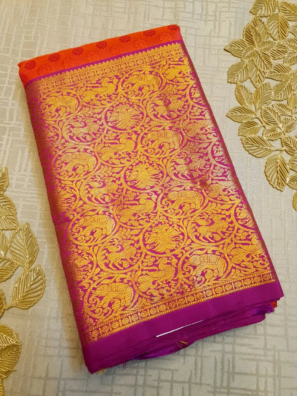 2G Pure Kanjivaram Silk Saree in Bright Coral Pink with Multicolour Floral Buttas & Rich Gold Zari Border | Silkmark Certified