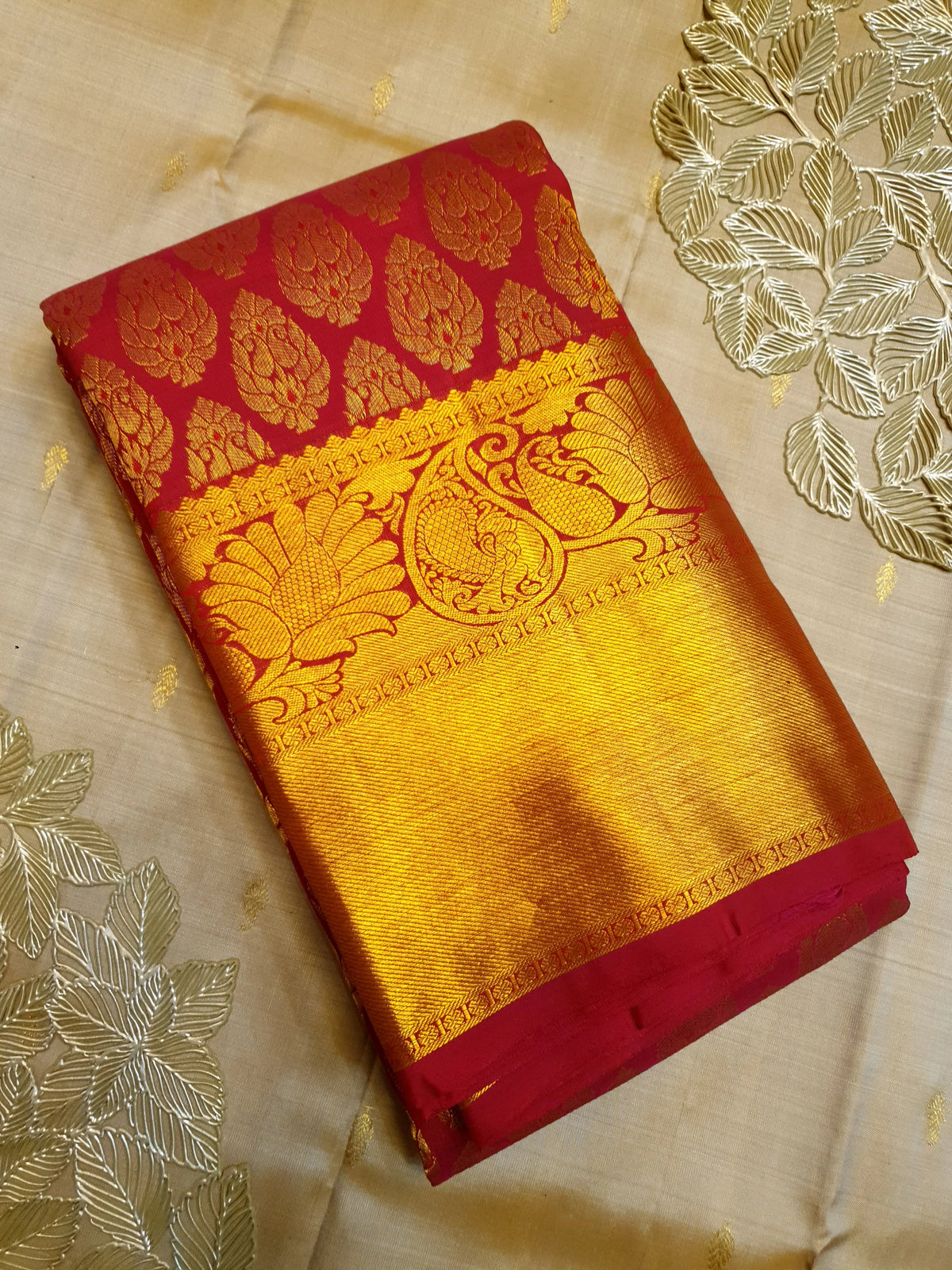 2G Pure Kanjivaram Silk Saree in Red with Rich Gold Zari Floral Buttas & Grand Zari Pallu | Silkmark Certified