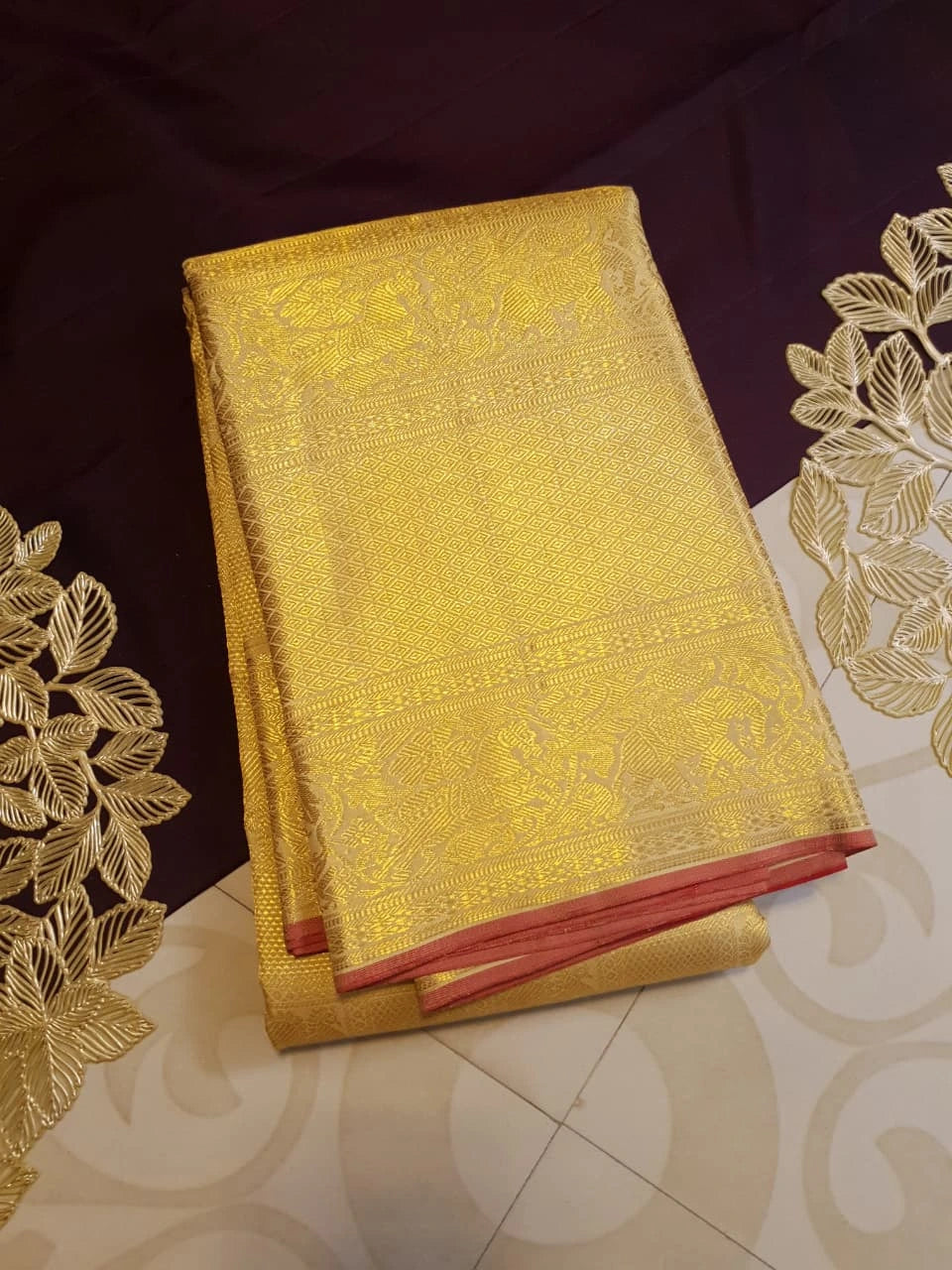 2G Pure Zari Kanjivaram Silk Saree in Golden Yellow with Rich Gold Zari Peacock Motifs, Floral & Geometric Weave Border | Silkmark Certified