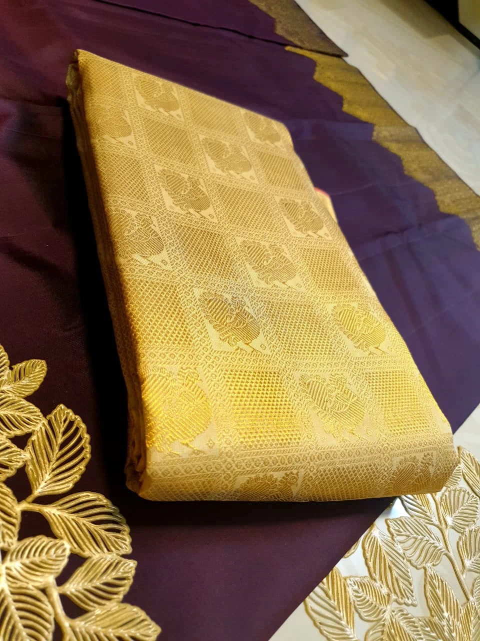 2G Pure Zari Kanjivaram Silk Saree in Golden Yellow with Rich Gold Zari Peacock Motifs, Floral & Geometric Weave Border | Silkmark Certified