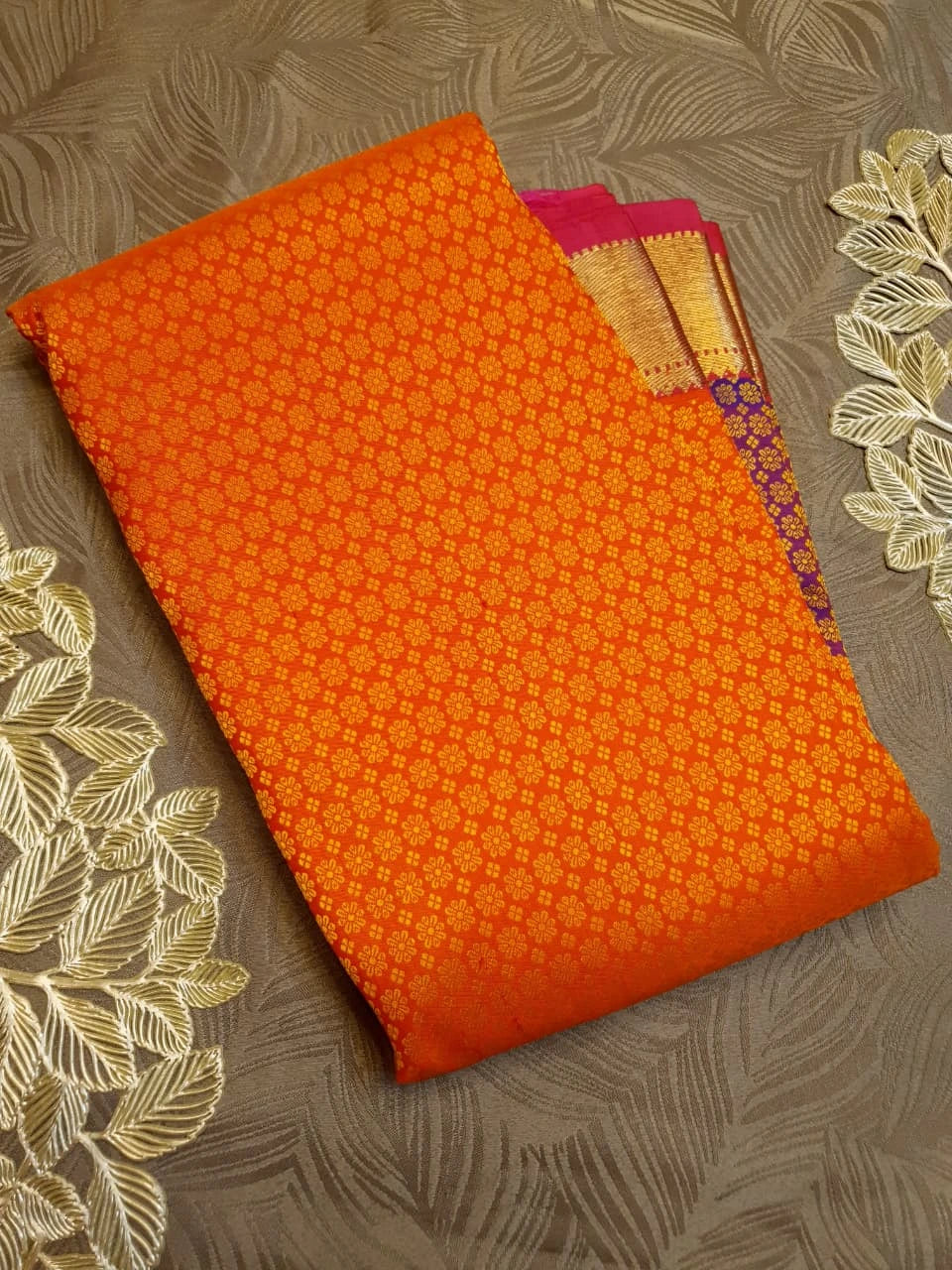 2G Pure Kanjivaram Silk Saree in Bright Orange with Purple Peacock Zari Motifs & Rich Gold Zari Border | Silkmark Certified