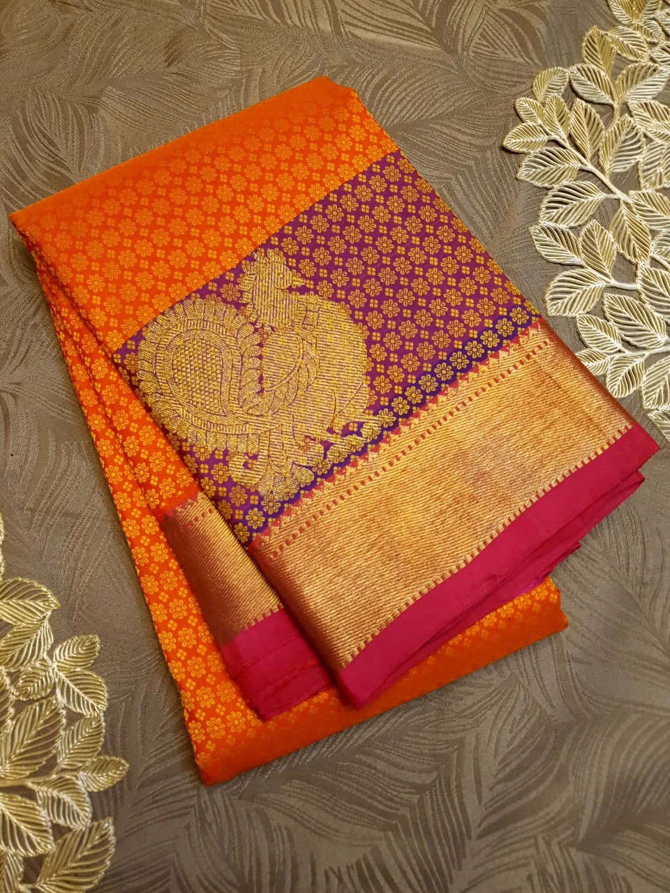 2G Pure Kanjivaram Silk Saree in Bright Orange with Purple Peacock Zari Motifs & Rich Gold Zari Border | Silkmark Certified