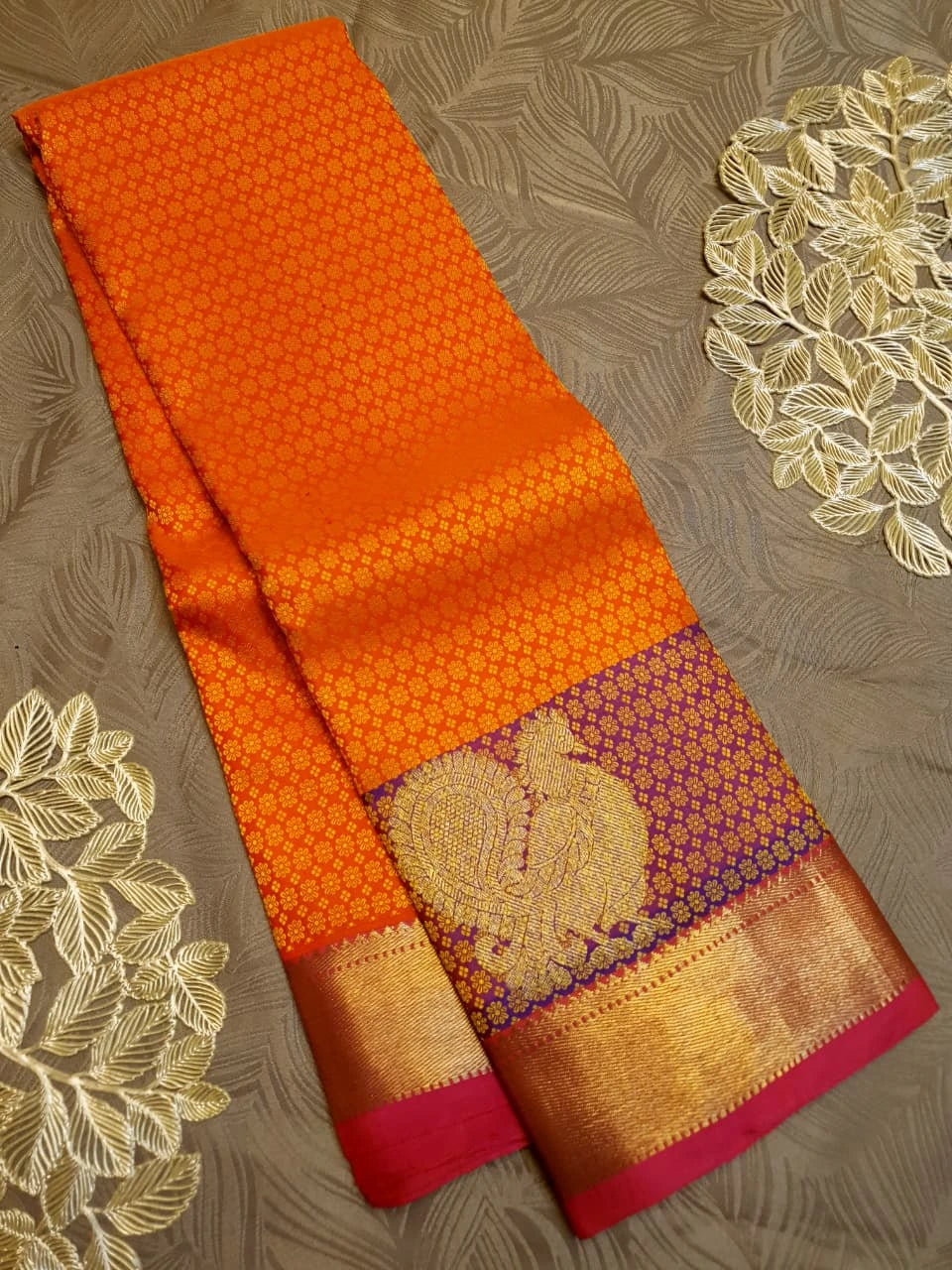 2G Pure Kanjivaram Silk Saree in Bright Orange with Purple Peacock Zari Motifs & Rich Gold Zari Border | Silkmark Certified