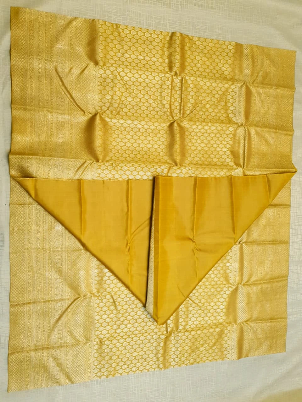 2G Pure Kanjivaram Silk Saree in Golden Yellow with Full-Body Leaf Motifs & Rich Gold Zari Peacock Border | Silkmark Certified