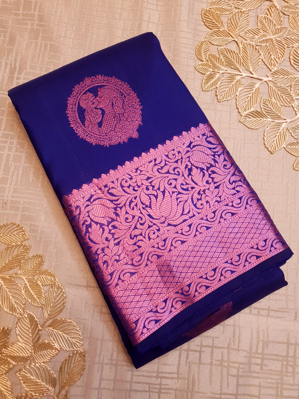 2G Pure Kanjivaram Silk Saree in Royal Blue with Pink Amma Kuzhanthai Zari Buttas & Rich Pink Zari Border | Silkmark Certified