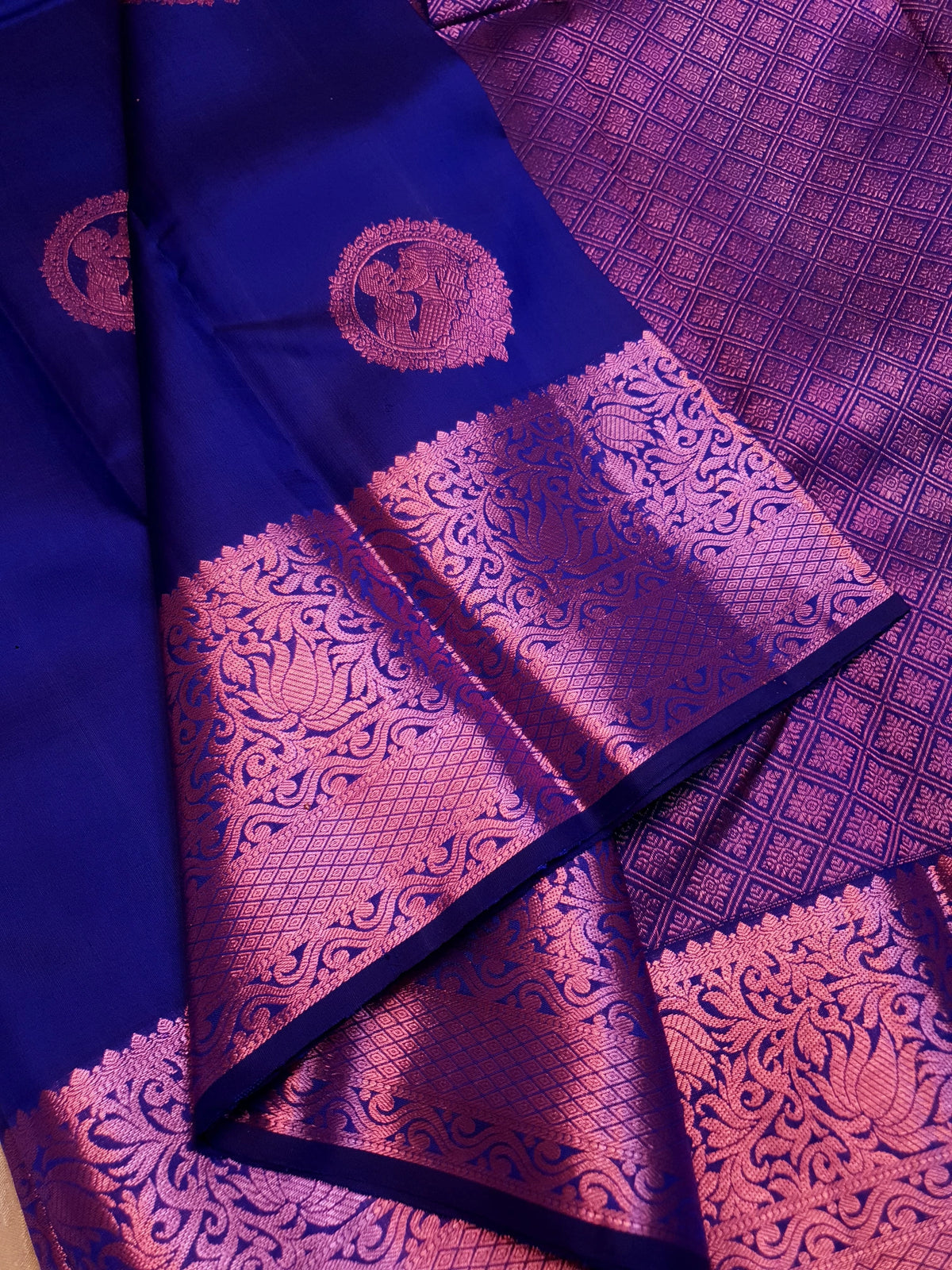 2G Pure Kanjivaram Silk Saree in Royal Blue with Pink Amma Kuzhanthai Zari Buttas & Rich Pink Zari Border | Silkmark Certified