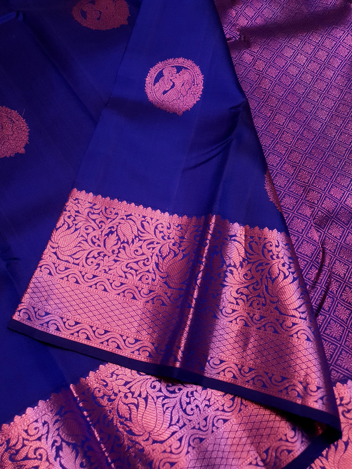 2G Pure Kanjivaram Silk Saree in Royal Blue with Pink Amma Kuzhanthai Zari Buttas & Rich Pink Zari Border | Silkmark Certified