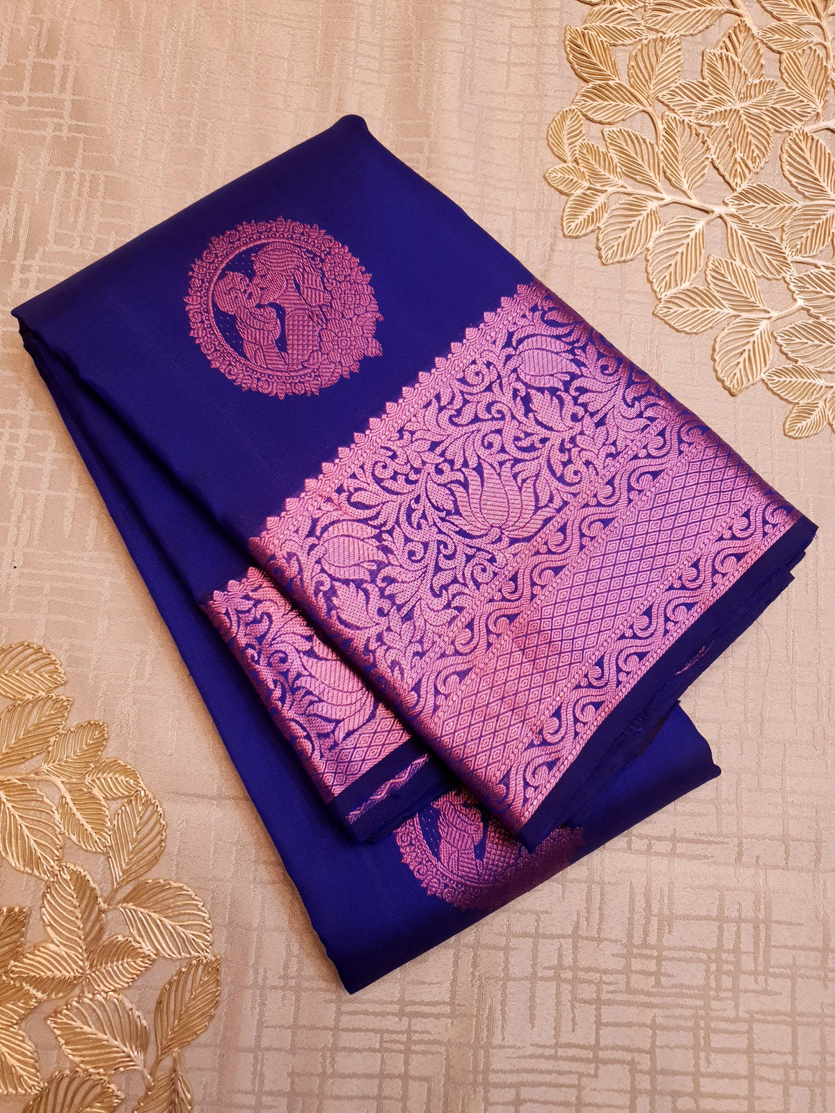 2G Pure Kanjivaram Silk Saree in Royal Blue with Pink Amma Kuzhanthai Zari Buttas & Rich Pink Zari Border | Silkmark Certified