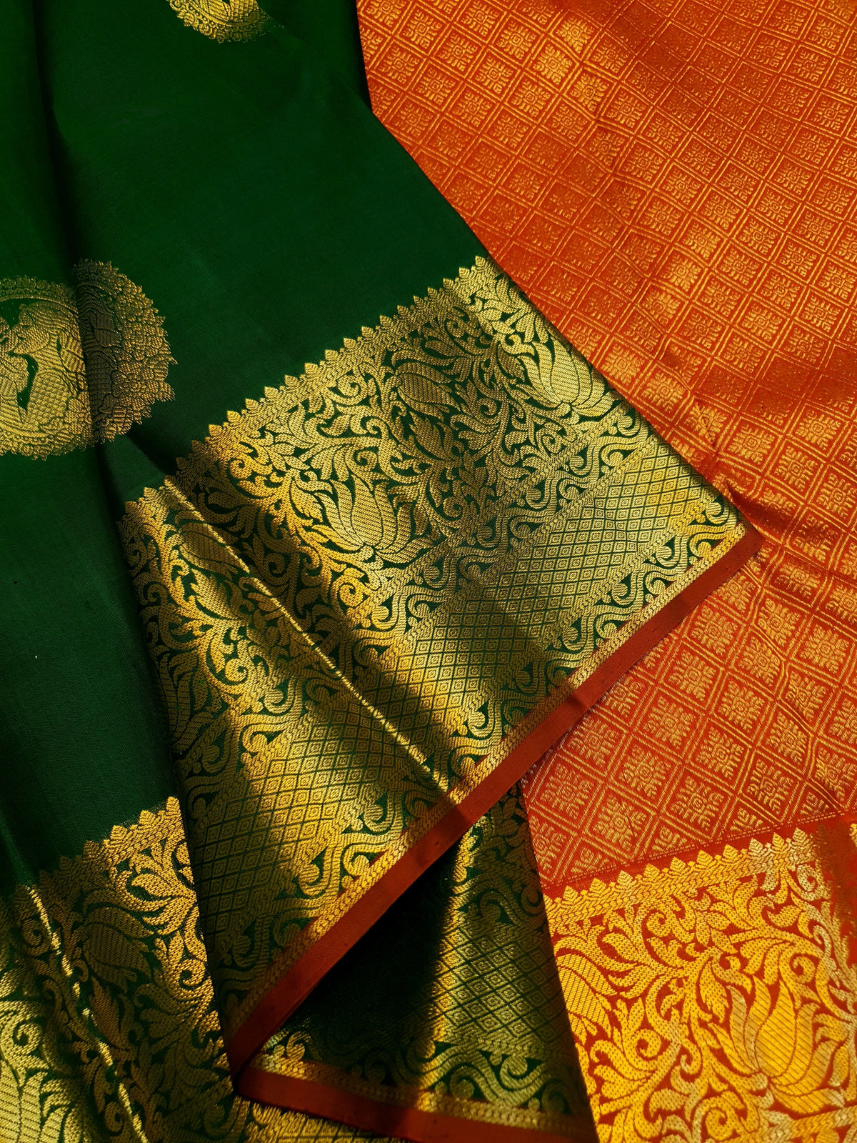 2G Pure Kanjivaram Silk Saree in Dark Green with Gold Amma Kuzhanthai Zari Buttas & Rich Gold Zari Border | Silkmark Certified
