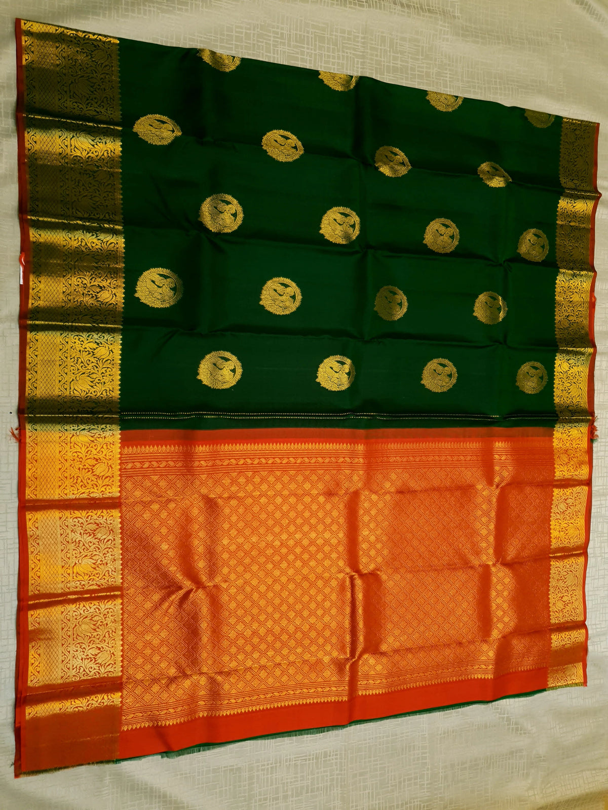 2G Pure Kanjivaram Silk Saree in Dark Green with Gold Amma Kuzhanthai Zari Buttas & Rich Gold Zari Border | Silkmark Certified