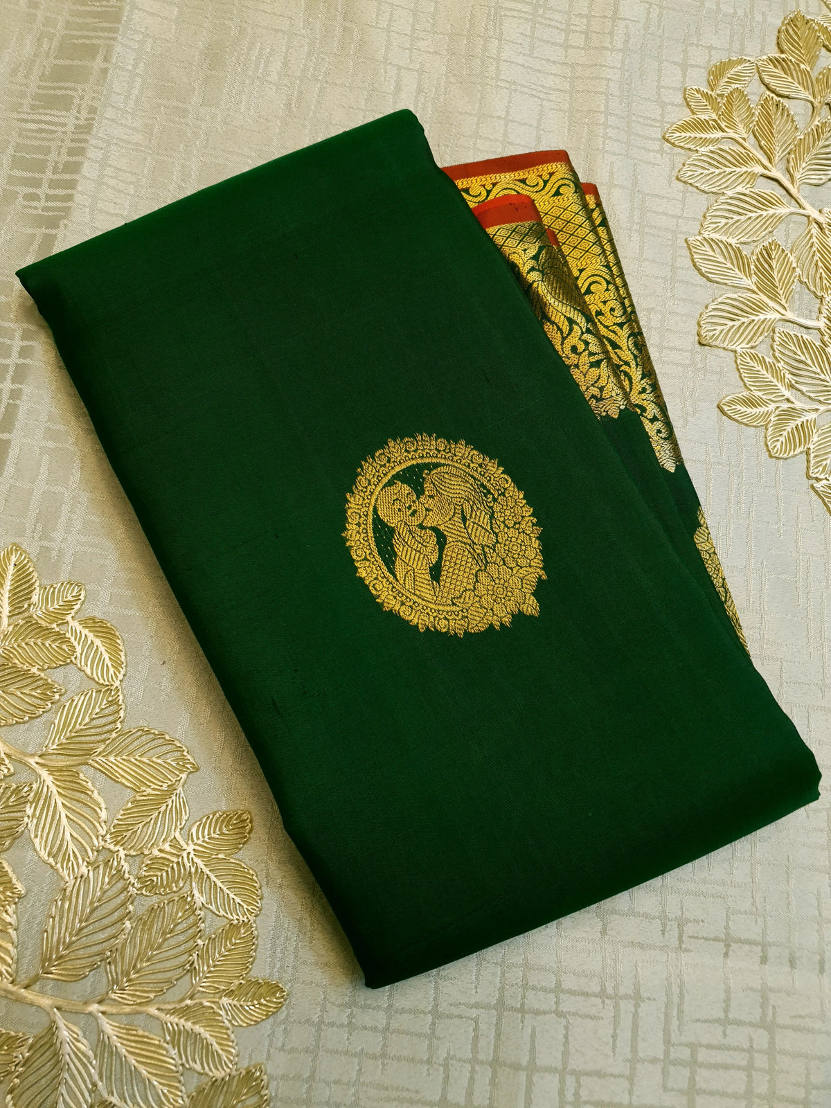 2G Pure Kanjivaram Silk Saree in Dark Green with Gold Amma Kuzhanthai Zari Buttas & Rich Gold Zari Border | Silkmark Certified