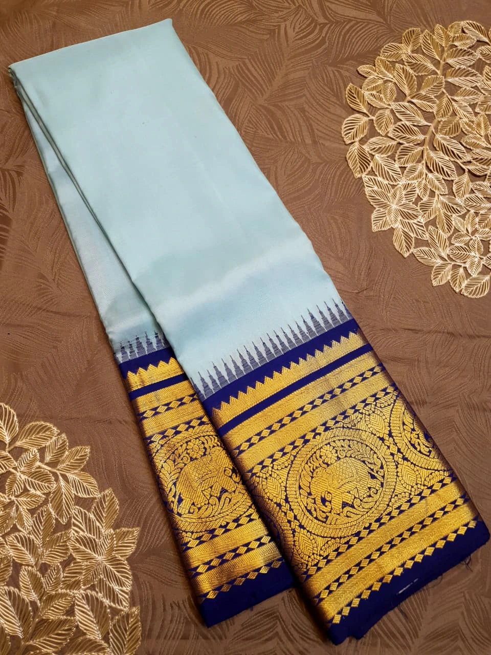 2G Pure Korvai Kanjivaram Silk Saree in Pastel Blue with Navy Blue Silkmark Certified