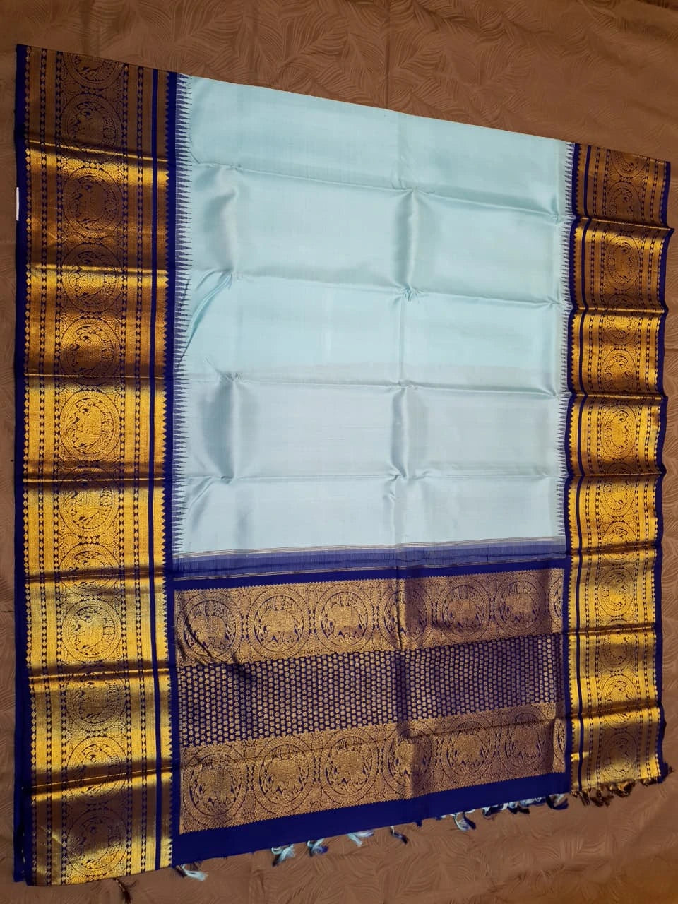 2G Pure Korvai Kanjivaram Silk Saree in Pastel Blue with Navy Blue Silkmark Certified