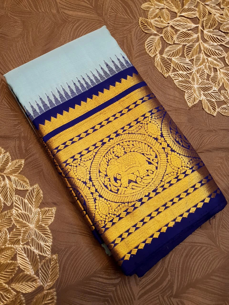 2G Pure Korvai Kanjivaram Silk Saree in Pastel Blue with Navy Blue Silkmark Certified