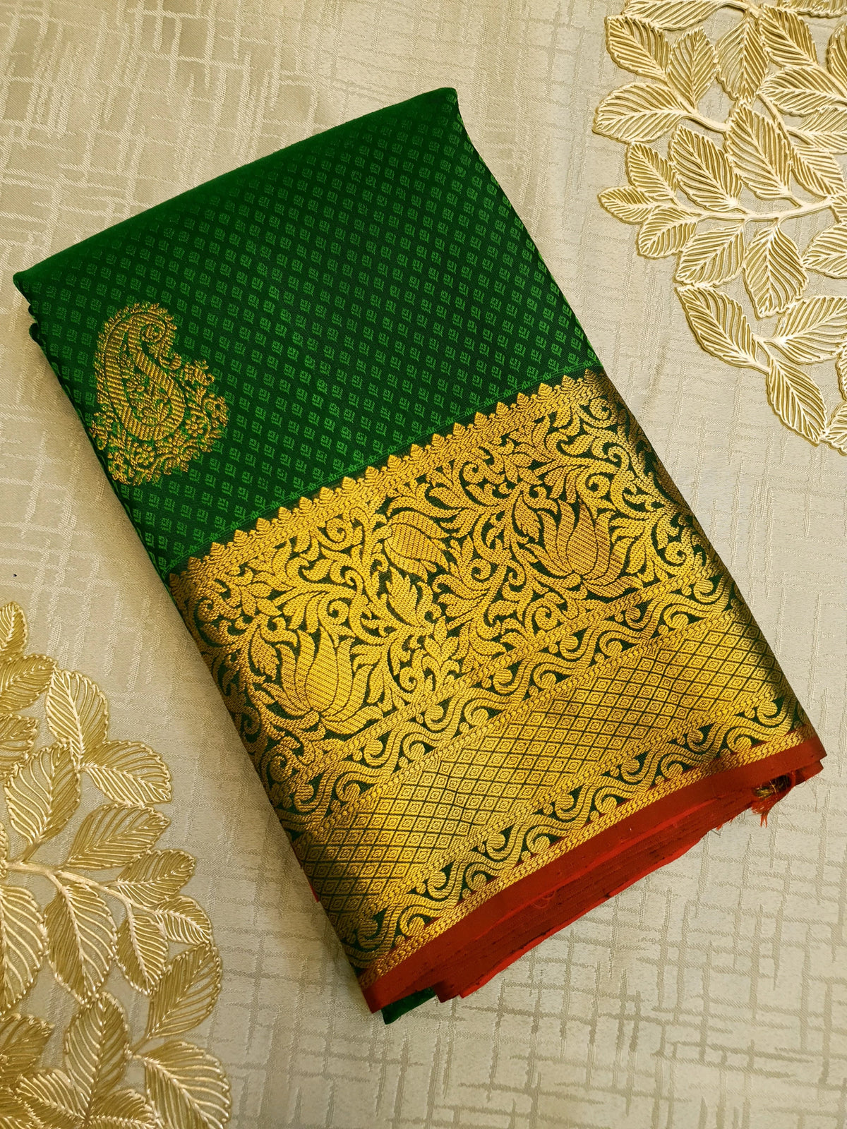 2G Kanjivaram Silk Saree in Deep Green with Gold Paisley Buttas & Rich Floral Zari Border | Silkmark Certified