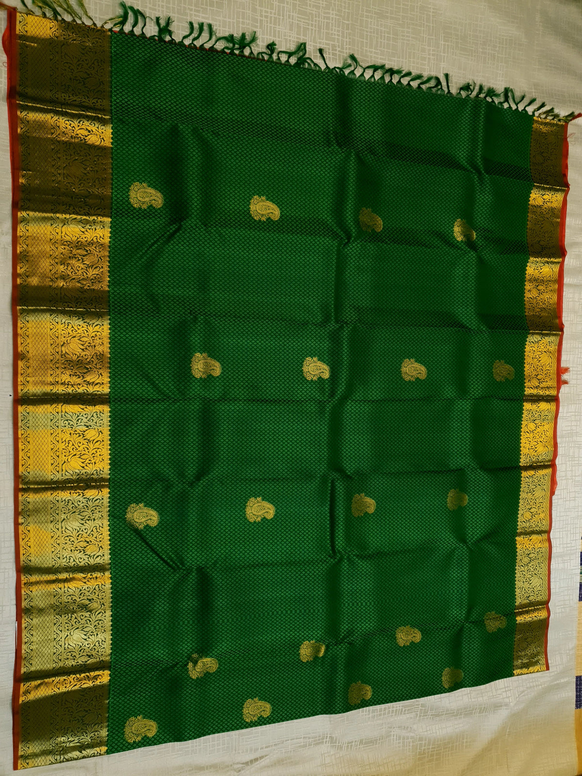 2G Kanjivaram Silk Saree in Deep Green with Gold Paisley Buttas & Rich Floral Zari Border | Silkmark Certified
