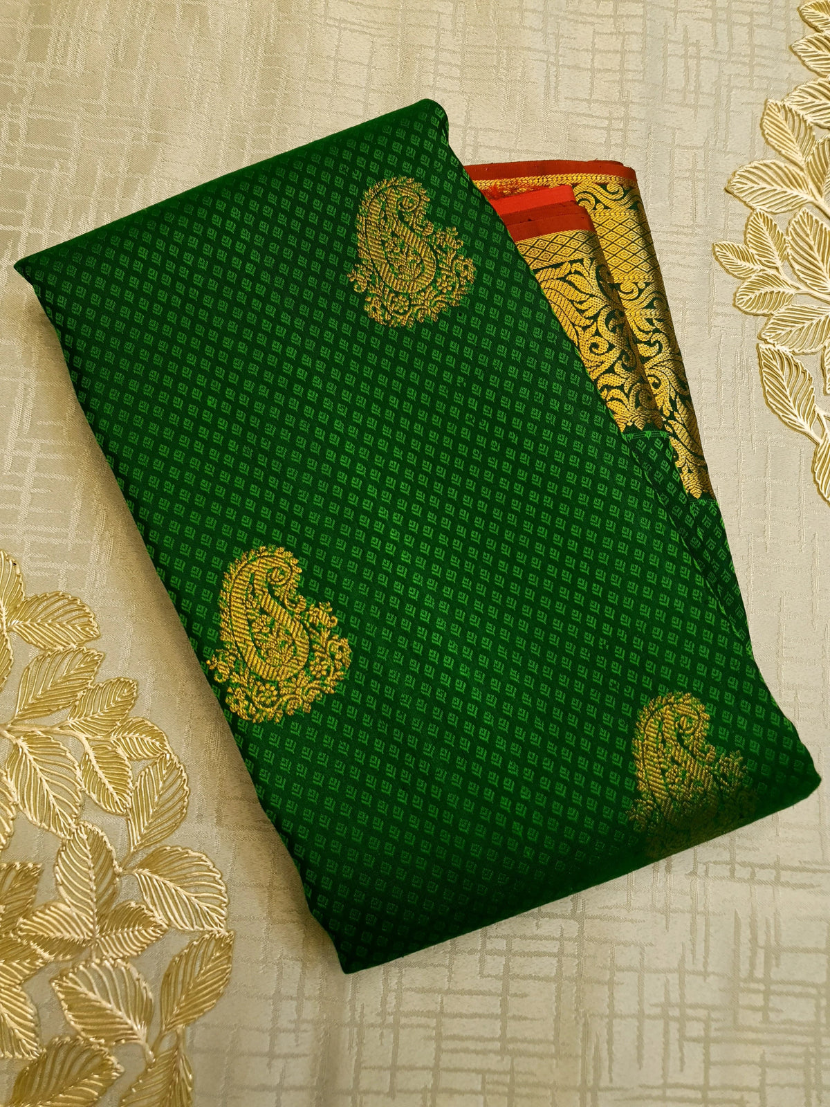 2G Kanjivaram Silk Saree in Deep Green with Gold Paisley Buttas & Rich Floral Zari Border | Silkmark Certified