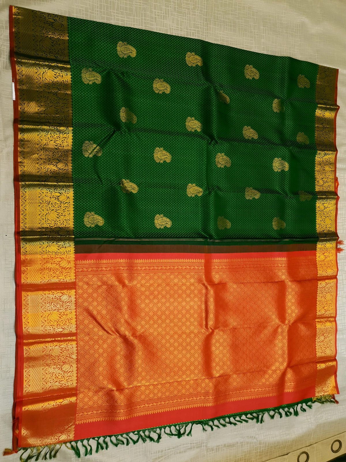 2G Kanjivaram Silk Saree in Deep Green with Gold Paisley Buttas & Rich Floral Zari Border | Silkmark Certified