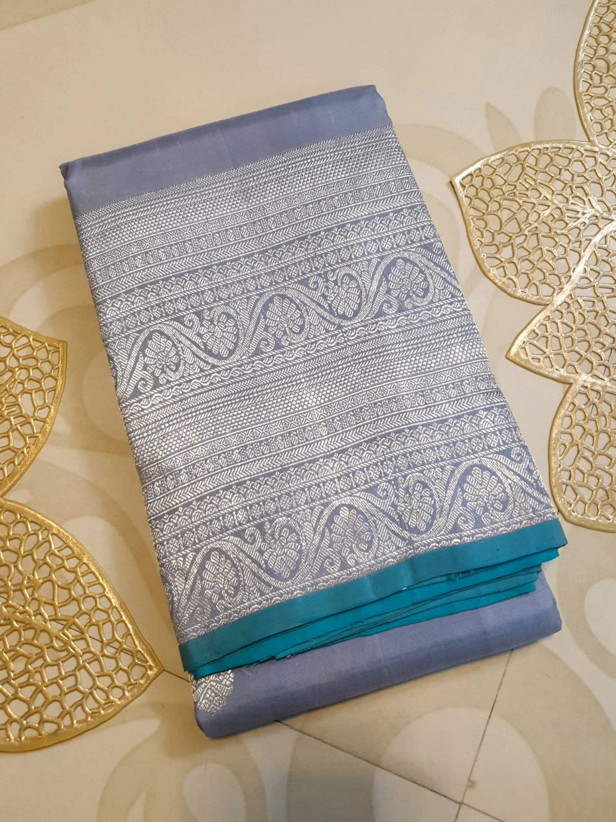 2G Pure Kanjivaram Silk Saree in Greyish Blue Teal Blue | Silkmark Certified
