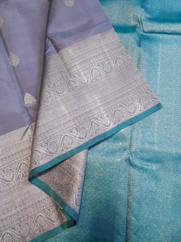 2G Pure Kanjivaram Silk Saree in Greyish Blue Teal Blue | Silkmark Certified