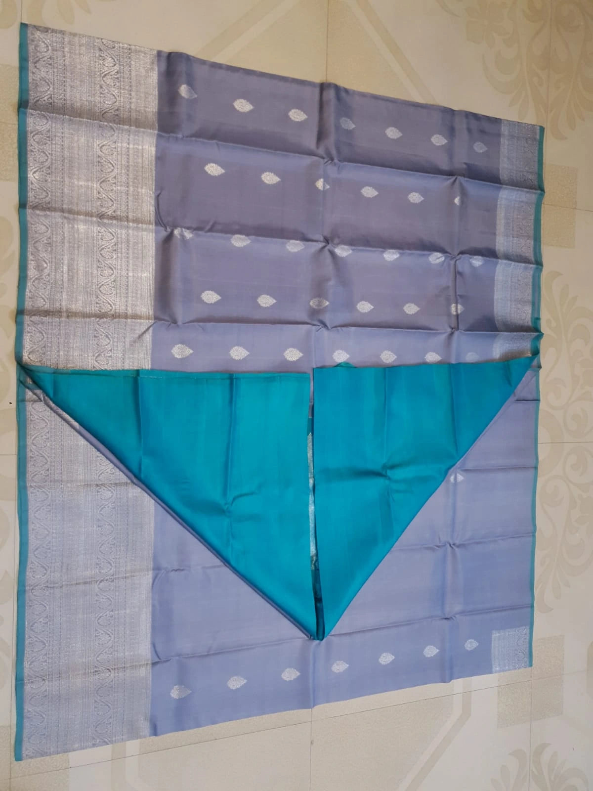 2G Pure Kanjivaram Silk Saree in Greyish Blue Teal Blue | Silkmark Certified