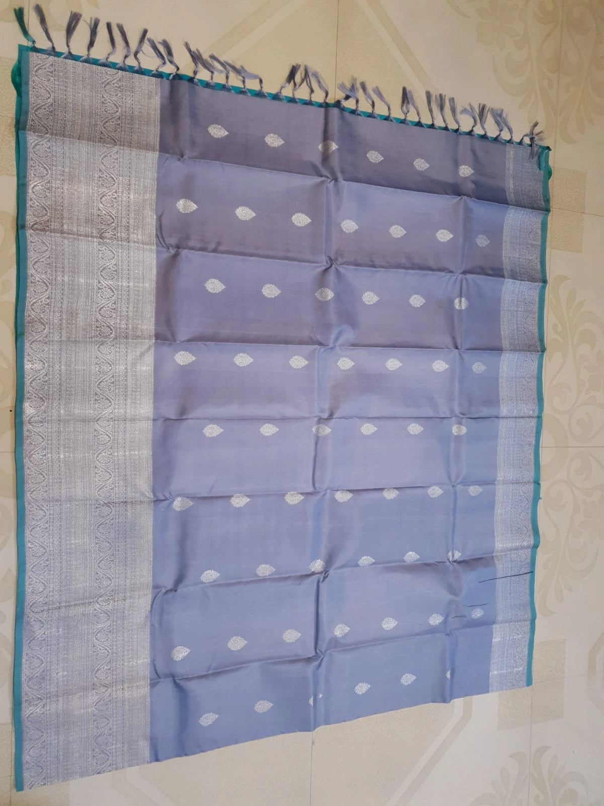 2G Pure Kanjivaram Silk Saree in Greyish Blue Teal Blue | Silkmark Certified