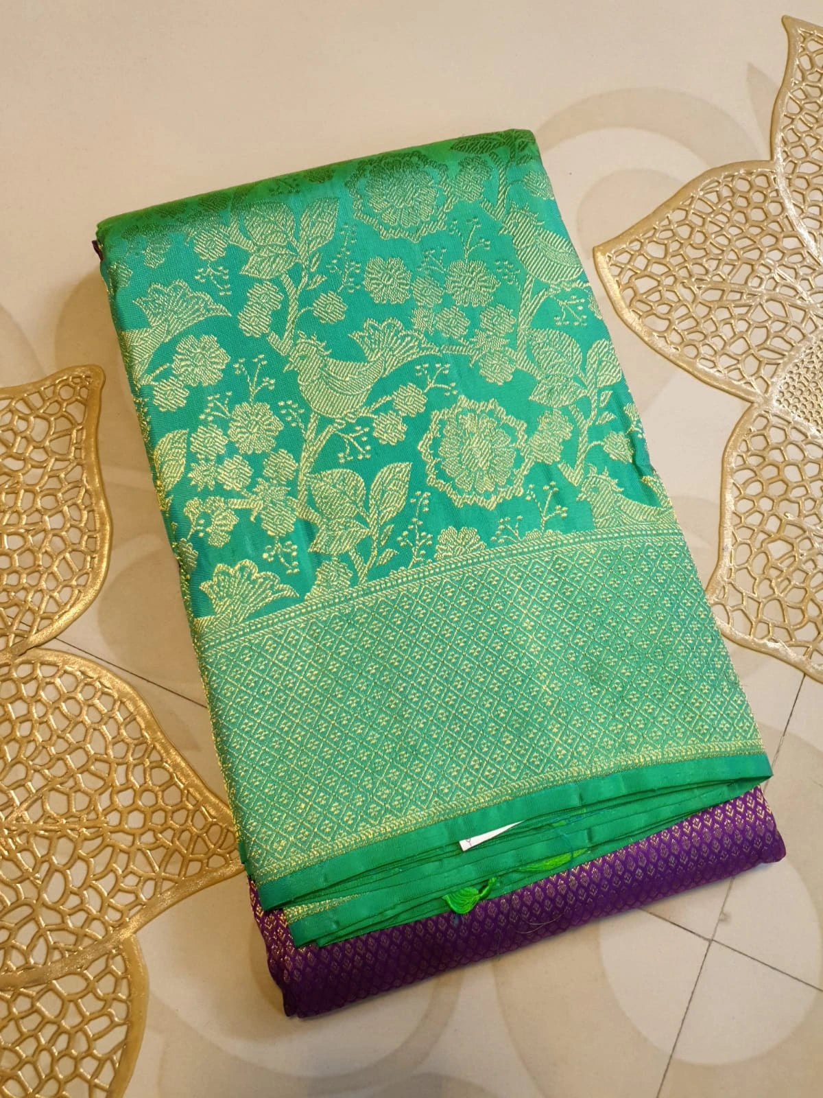 2G Pure Kanjivaram Silk Saree in Rich Purple with Contrast Turquoise Green Floral Zari Border & Pallu | Silkmark Certified