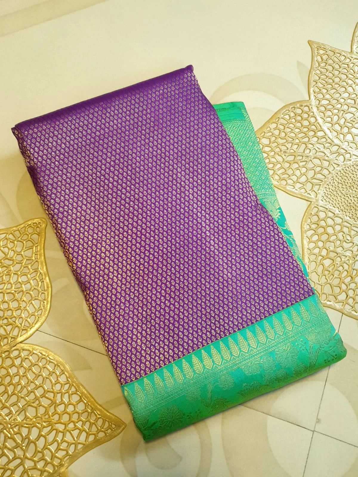 2G Pure Kanjivaram Silk Saree in Rich Purple with Contrast Turquoise Green Floral Zari Border & Pallu | Silkmark Certified