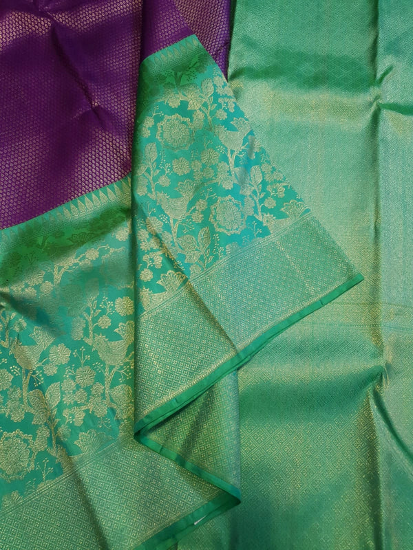 2G Pure Kanjivaram Silk Saree in Rich Purple with Contrast Turquoise Green Floral Zari Border & Pallu | Silkmark Certified