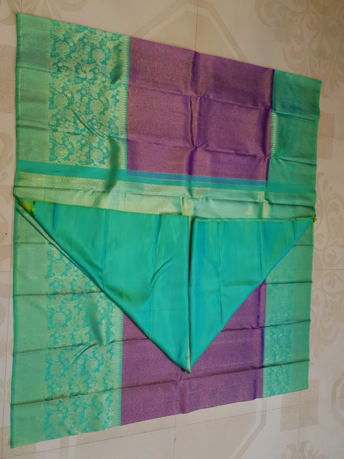 2G Pure Kanjivaram Silk Saree in Rich Purple with Contrast Turquoise Green Floral Zari Border & Pallu | Silkmark Certified