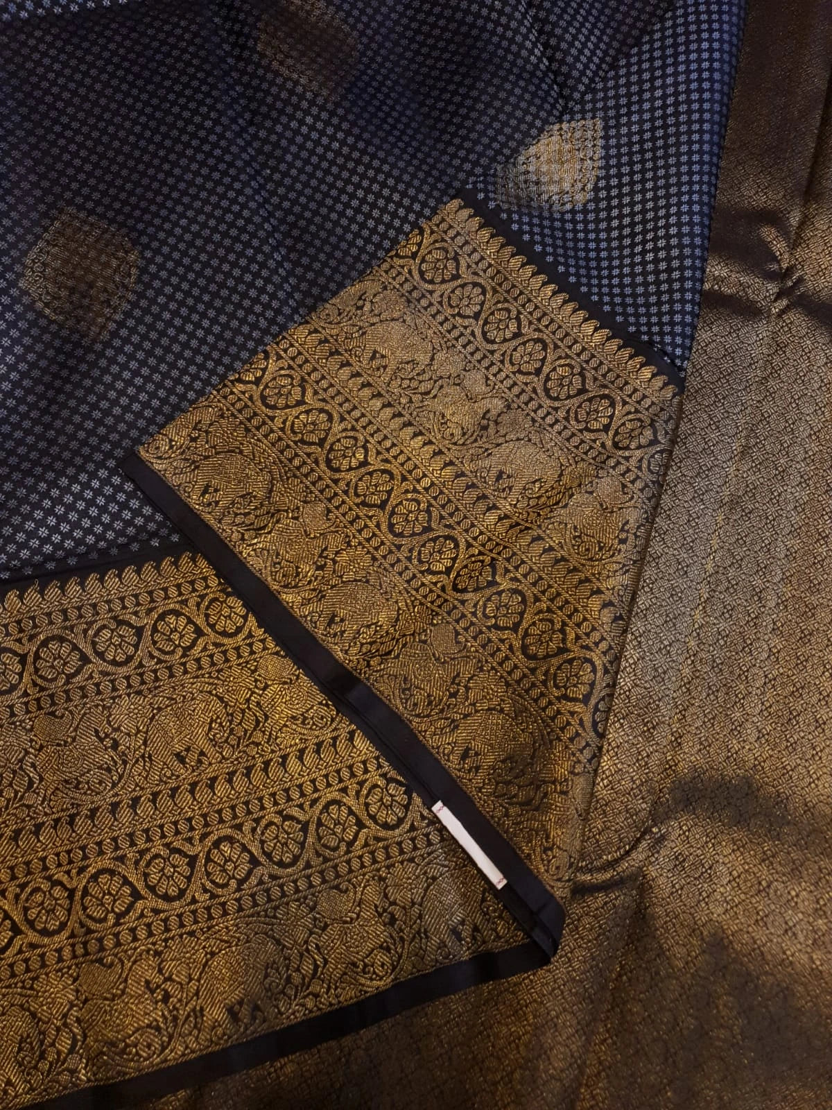 2G Pure Kanjivaram Silk Saree in Midnight Blue with Black & Rich Gold Zari Elephant Border and Traditional Buttas | Silkmark Certified