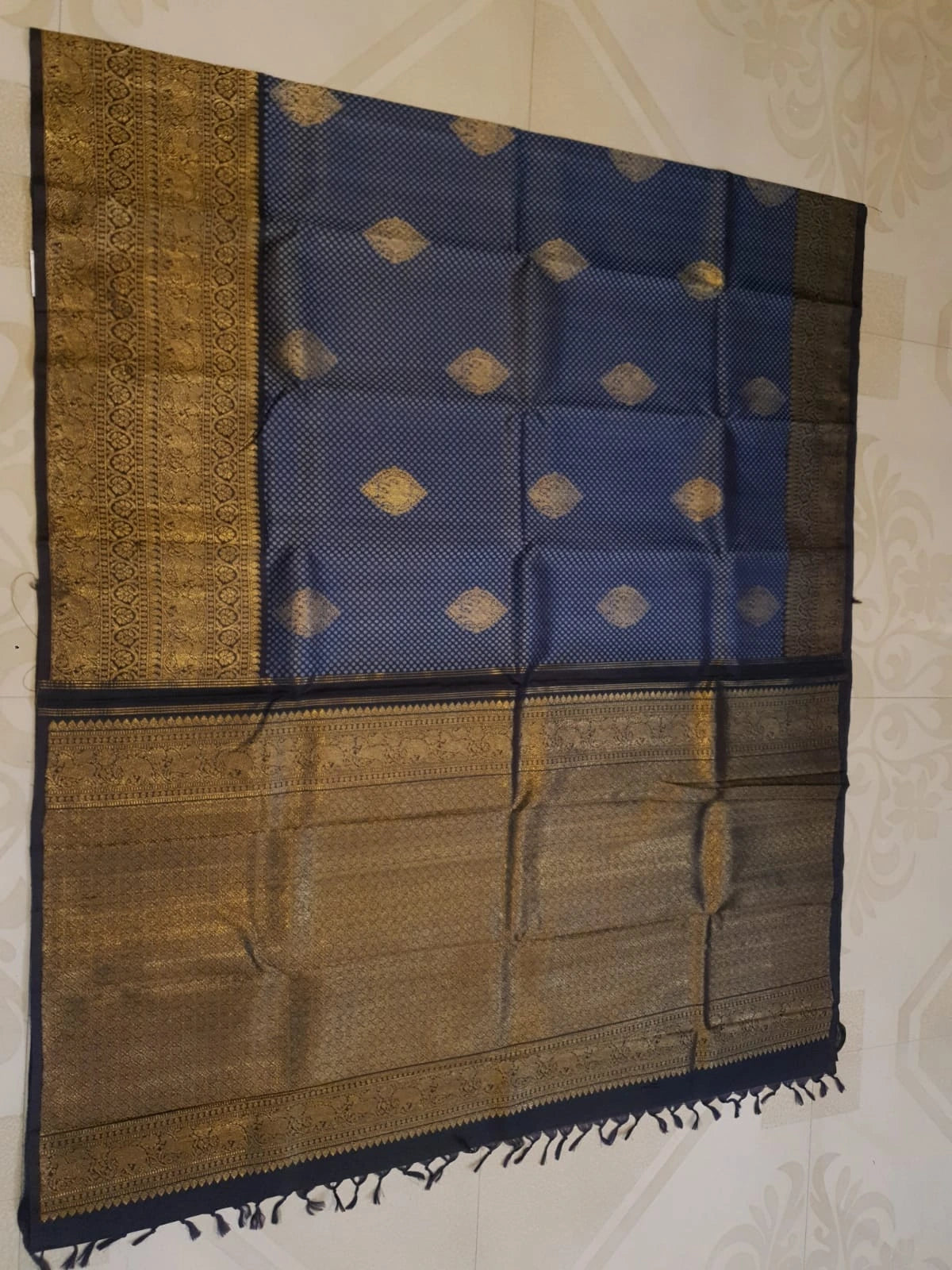 2G Pure Kanjivaram Silk Saree in Midnight Blue with Black & Rich Gold Zari Elephant Border and Traditional Buttas | Silkmark Certified