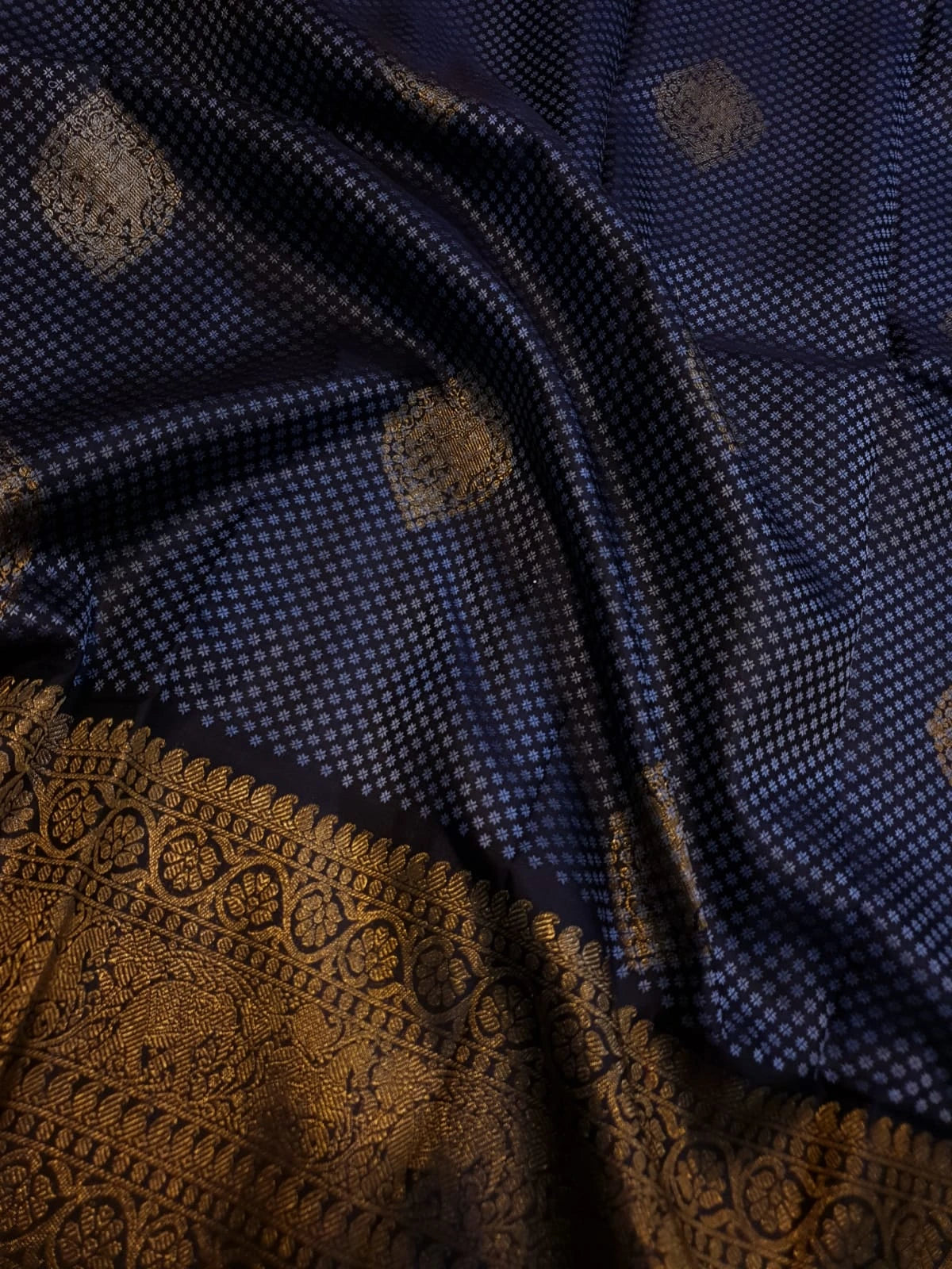 2G Pure Kanjivaram Silk Saree in Midnight Blue with Black & Rich Gold Zari Elephant Border and Traditional Buttas | Silkmark Certified
