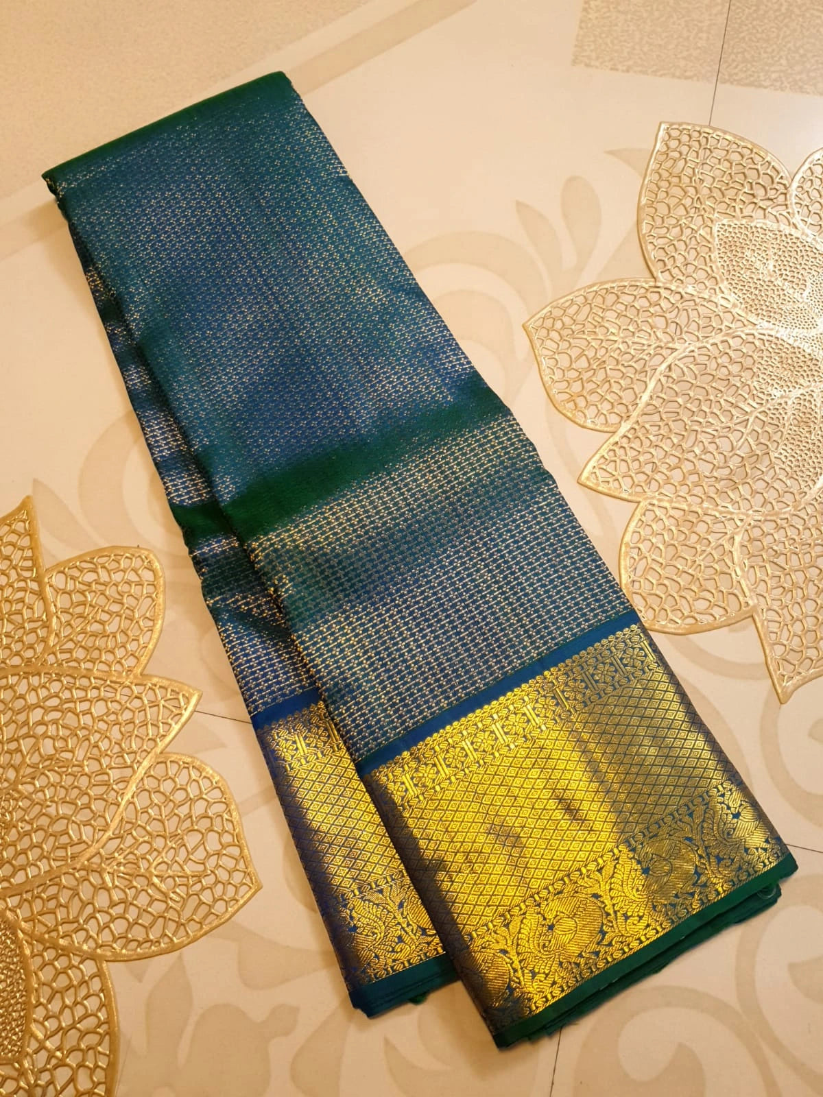2G Pure Kanjivaram Silk Saree in Deep Peacock Blue | Silkmark Certified