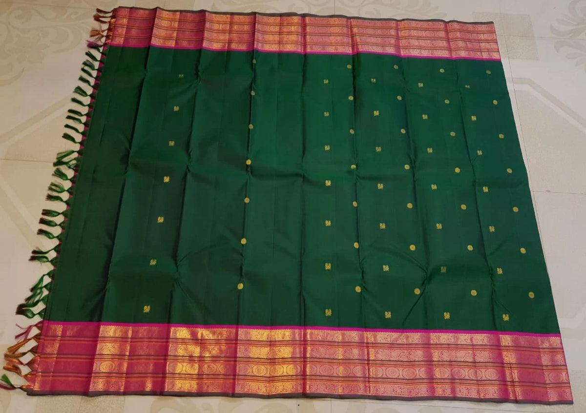 2G Pure Korvai Kanjivaram Silk Saree in Bottle Green with Peacock Buttas & Pink Gold Elephant Zari Border | Silkmark Certified