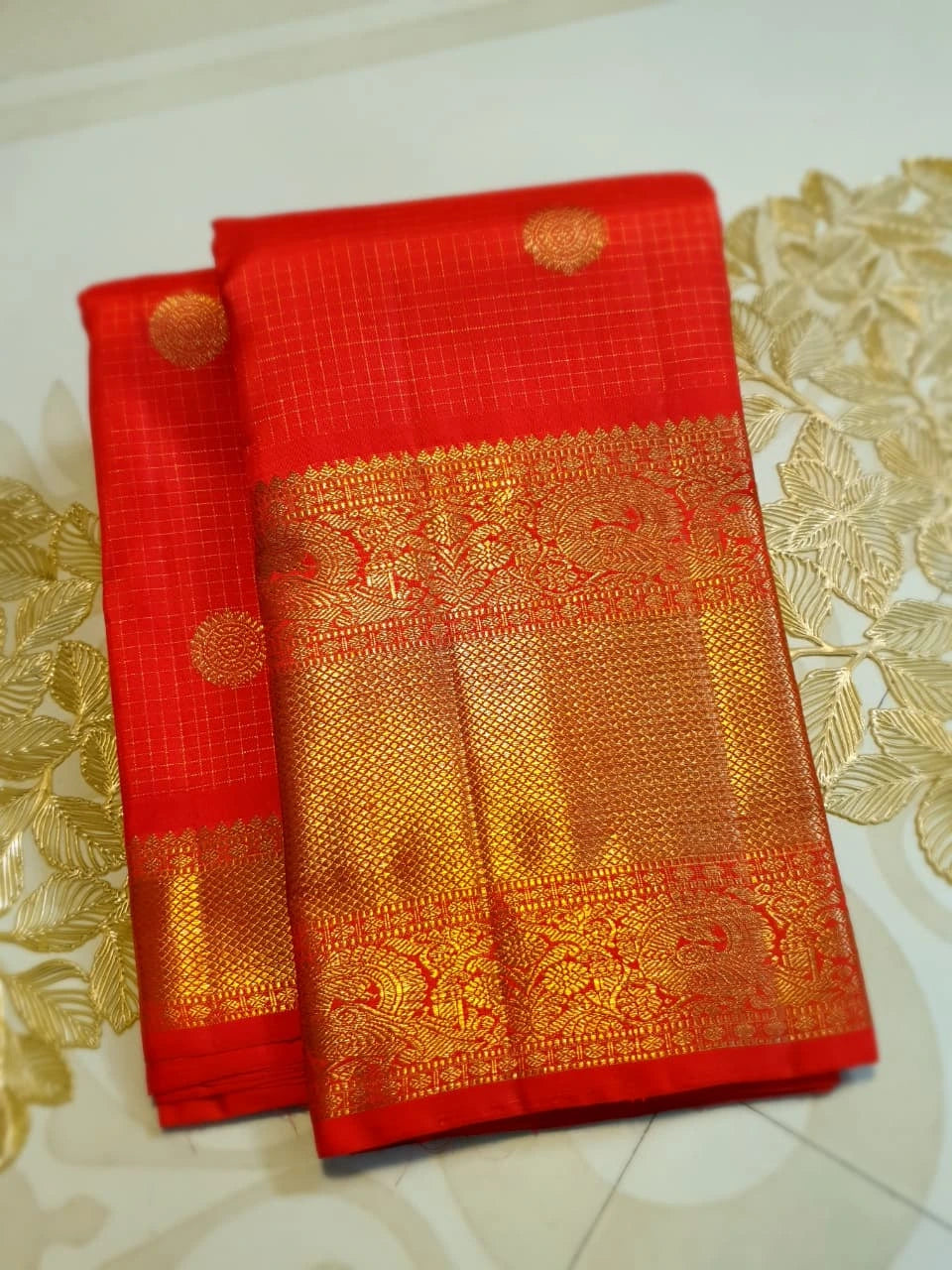 4G Pure Zari Kanjivaram Silk Saree in Bright Red with Gold Peacock Buttas & Rich Peacock Zari Border | Silkmark Certified