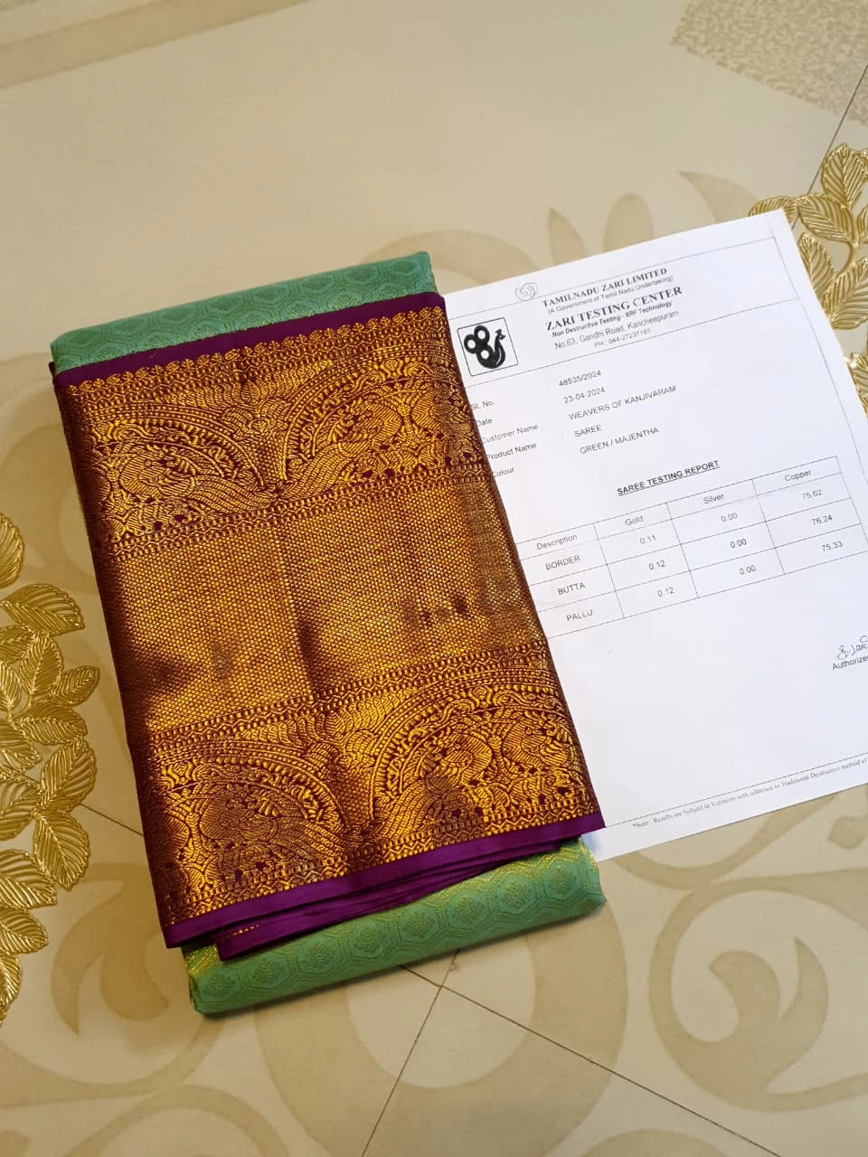 2G Pure Zari Kanjivaram Silk Saree in Pastel Green with Rich Antique Gold Zari Purple Border | Silkmark Certified