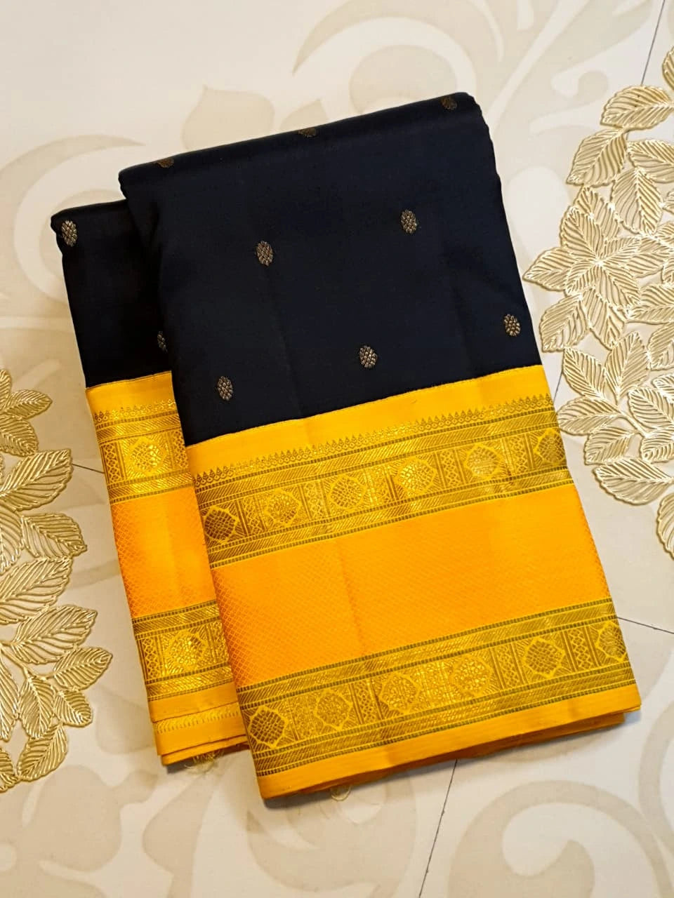 3G Pure Zari Kanjivaram Silk Saree in Black with Mustard Yellow Zari Border & Traditional Gold Zari Buttas | Silkmark Certified