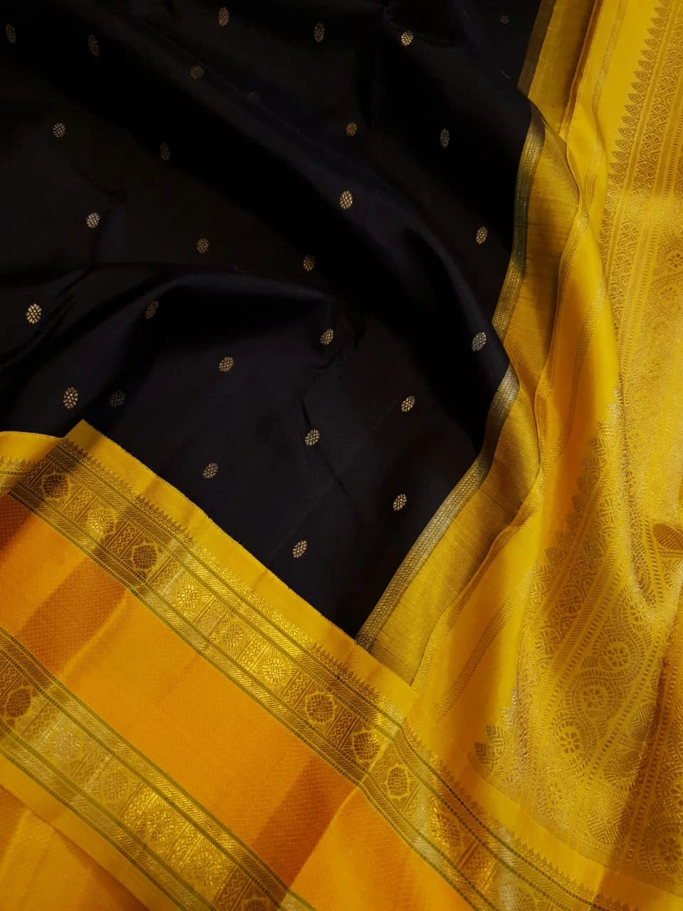 3G Pure Zari Kanjivaram Silk Saree in Black with Mustard Yellow Zari Border & Traditional Gold Zari Buttas | Silkmark Certified