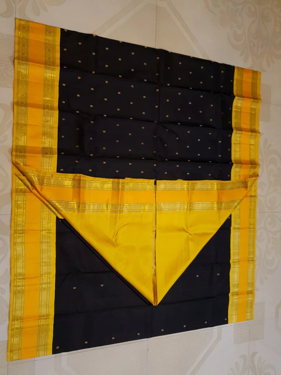 3G Pure Zari Kanjivaram Silk Saree in Black with Mustard Yellow Zari Border & Traditional Gold Zari Buttas | Silkmark Certified
