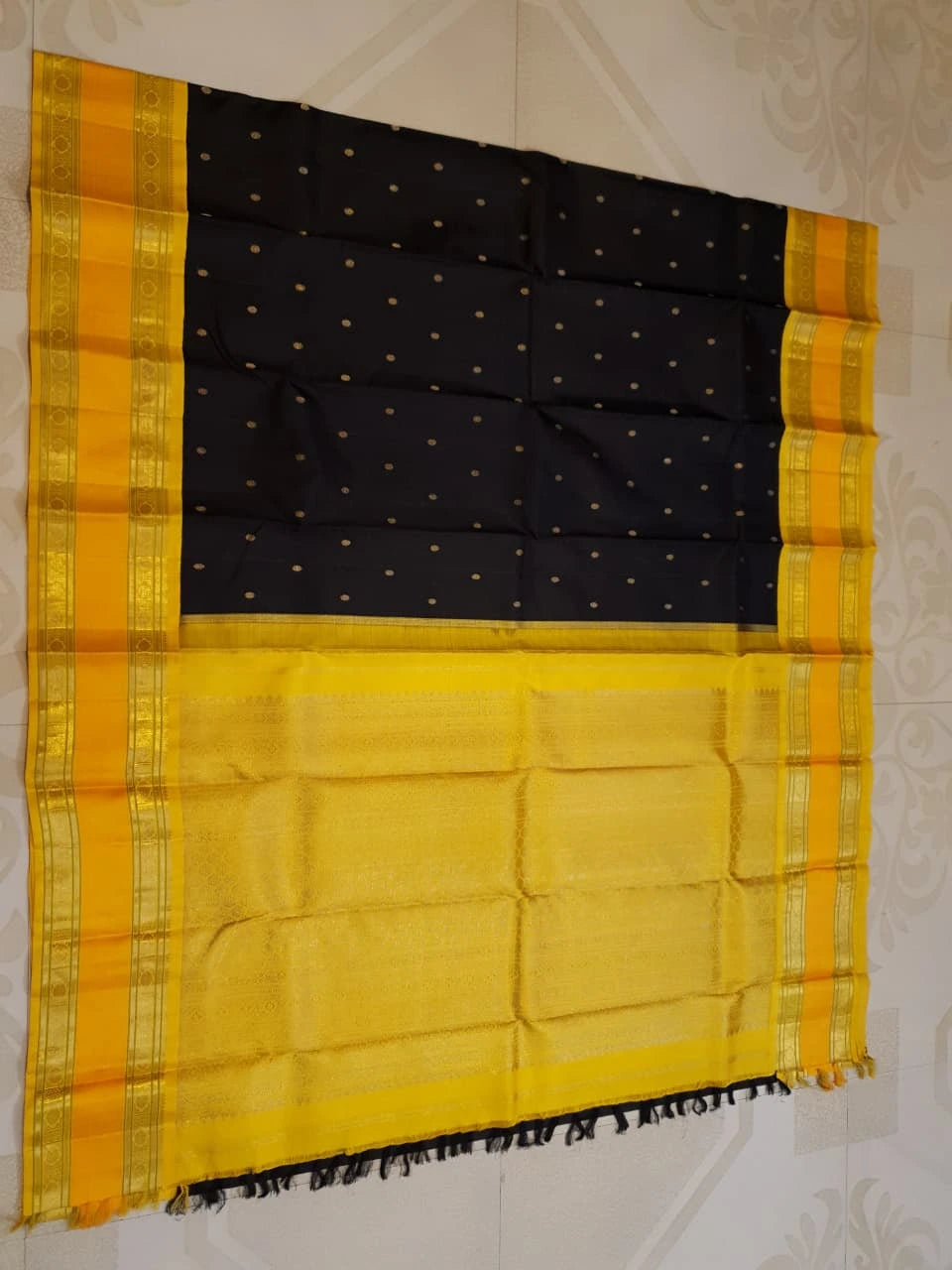 3G Pure Zari Kanjivaram Silk Saree in Black with Mustard Yellow Zari Border & Traditional Gold Zari Buttas | Silkmark Certified