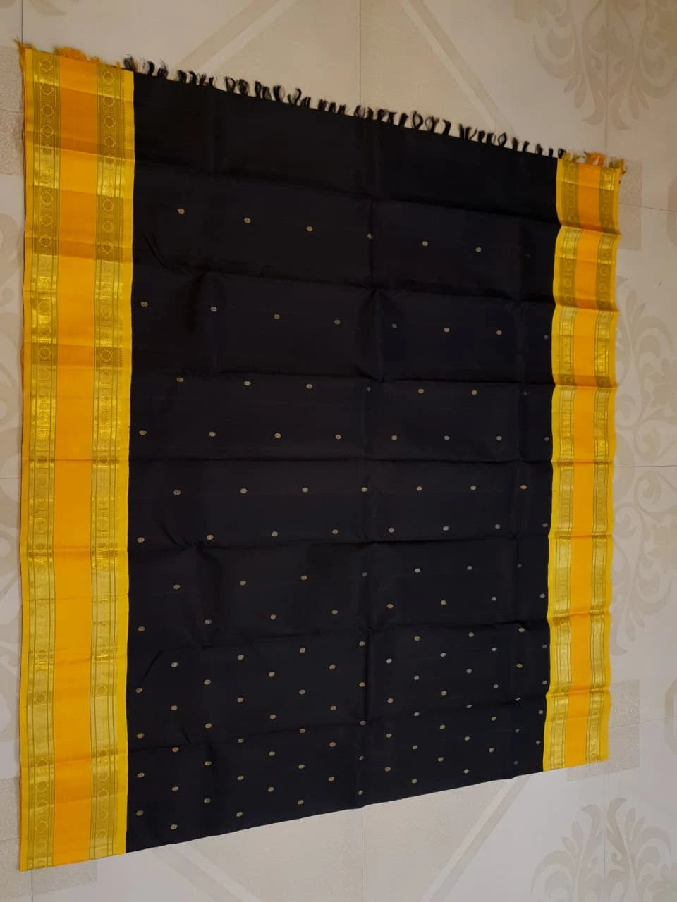 3G Pure Zari Kanjivaram Silk Saree in Black with Mustard Yellow Zari Border & Traditional Gold Zari Buttas | Silkmark Certified