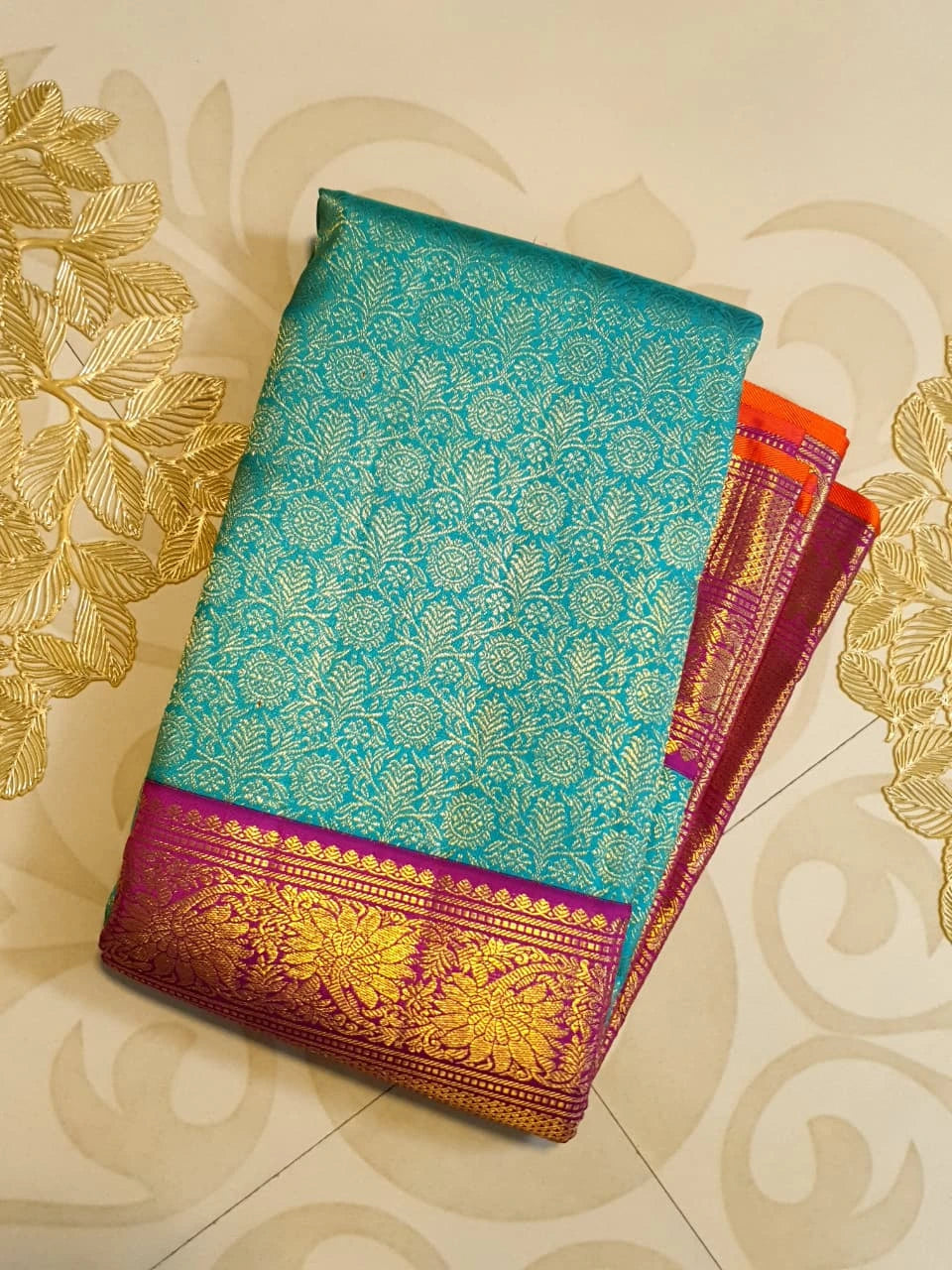 2G Pure Zari Korvai Kanjivaram Silk Saree in Turquoise Blue with Magenta Purple Border | Silkmark Certified