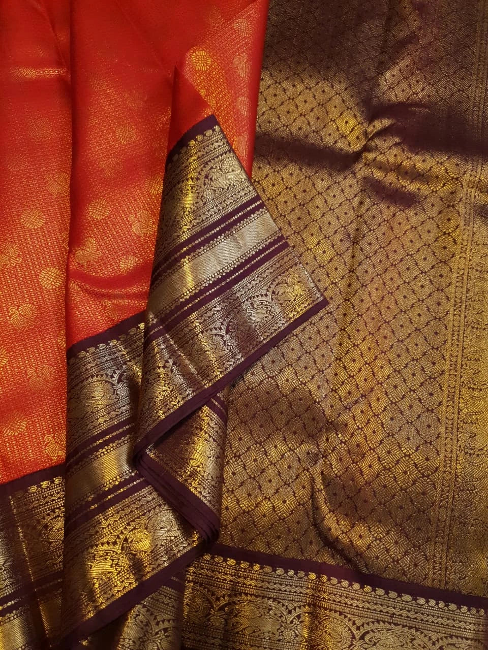 2G Pure Zari Kanjivaram Silk Saree in Rust with Gold Zari Peacock Buttas & varisai Pate Border | Silkmark Certified