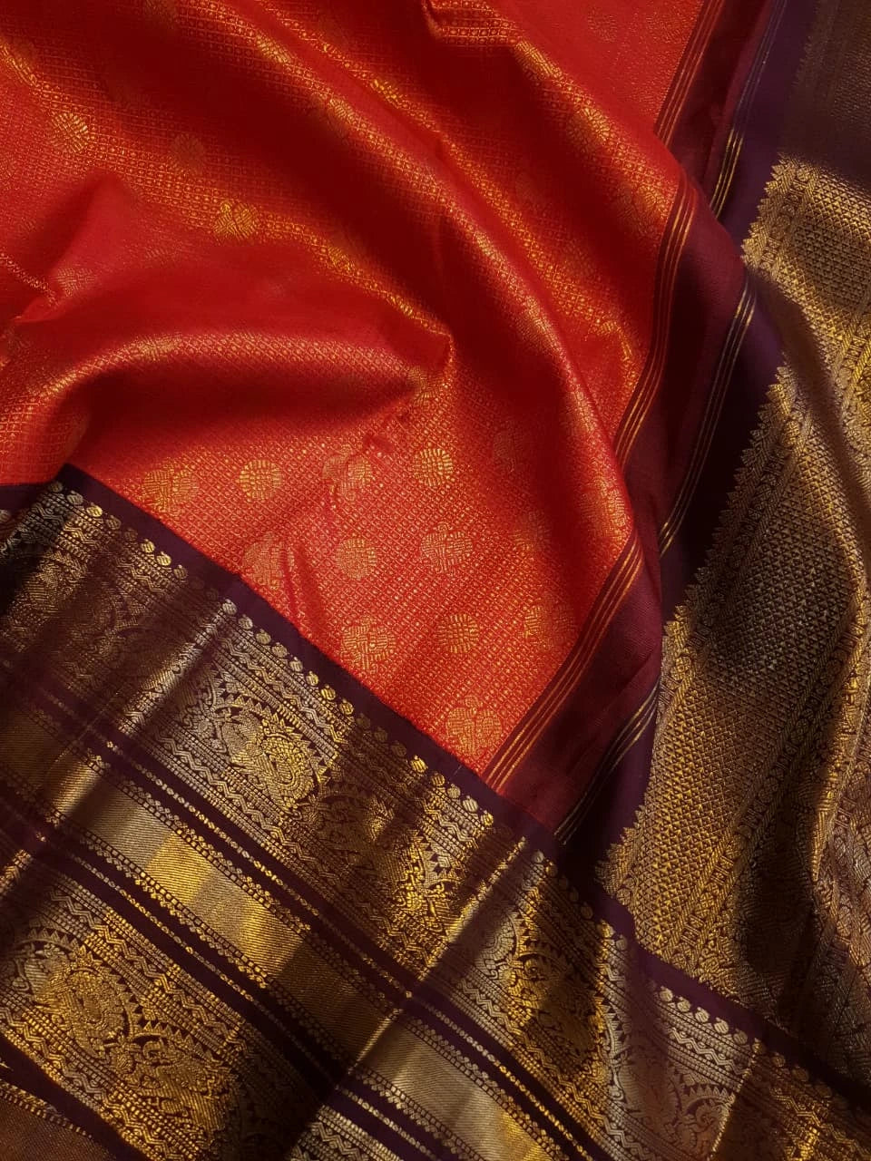 2G Pure Zari Kanjivaram Silk Saree in Rust with Gold Zari Peacock Buttas & varisai Pate Border | Silkmark Certified