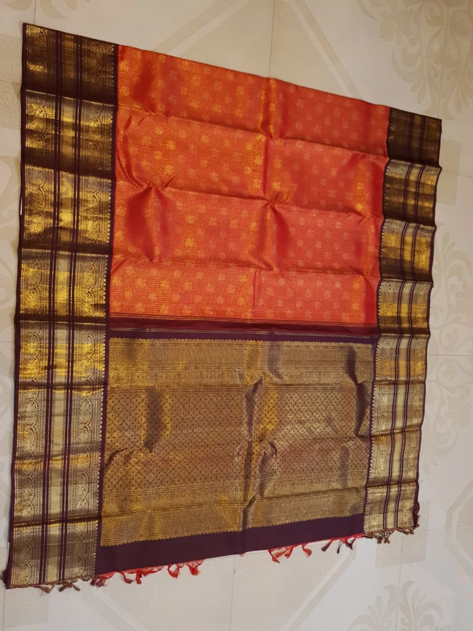 2G Pure Zari Kanjivaram Silk Saree in Rust with Gold Zari Peacock Buttas & varisai Pate Border | Silkmark Certified