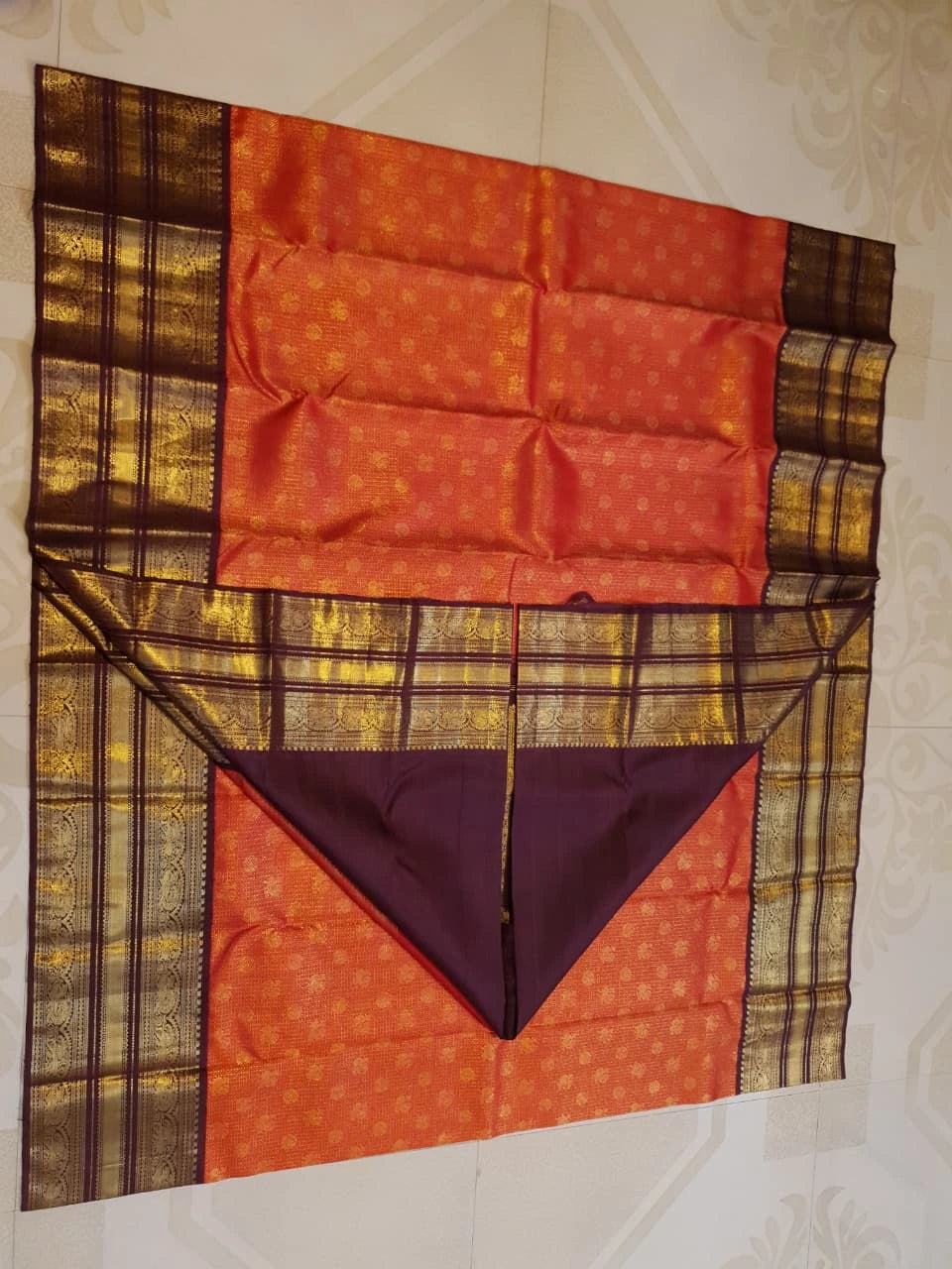 2G Pure Zari Kanjivaram Silk Saree in Rust with Gold Zari Peacock Buttas & varisai Pate Border | Silkmark Certified